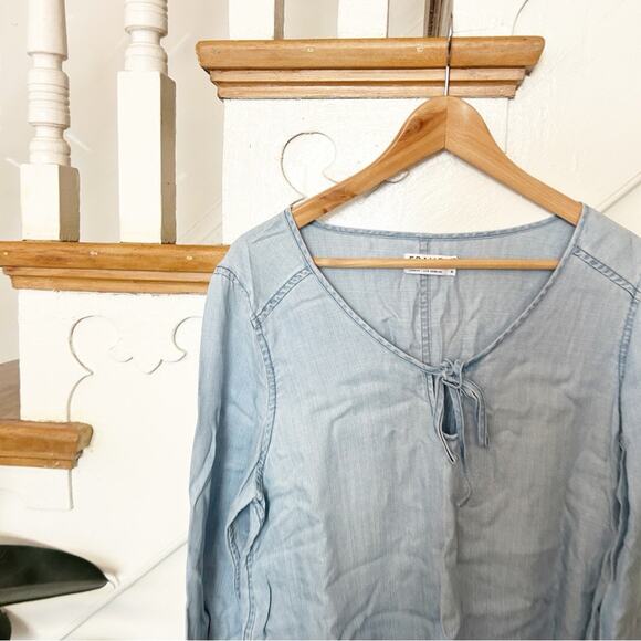 Frame Chambray Tie Neck Blouse Long Sleeve Lightweight Blue Lyocell Size M - Picture 4 of 7